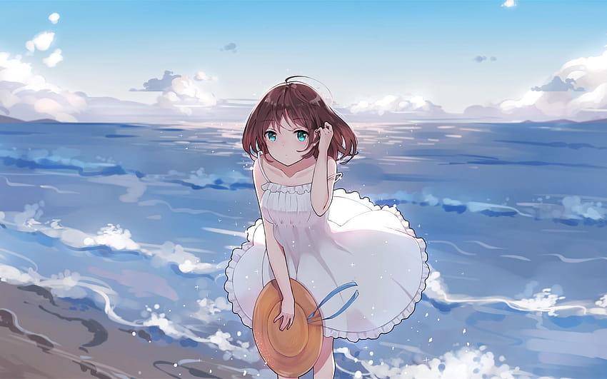 2880x1800 Summer Dress, Anime Girl, Ocean, Waves, Beach, summer beach anime วอลล์เปเปอร์ HD