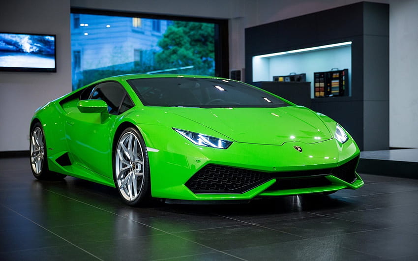 Lamborghini Huracan, voitures 2016, salle d'exposition, huracan vert avec résolution 1920x1200. Salle d'exposition automobile de haute qualité Fond d'écran HD