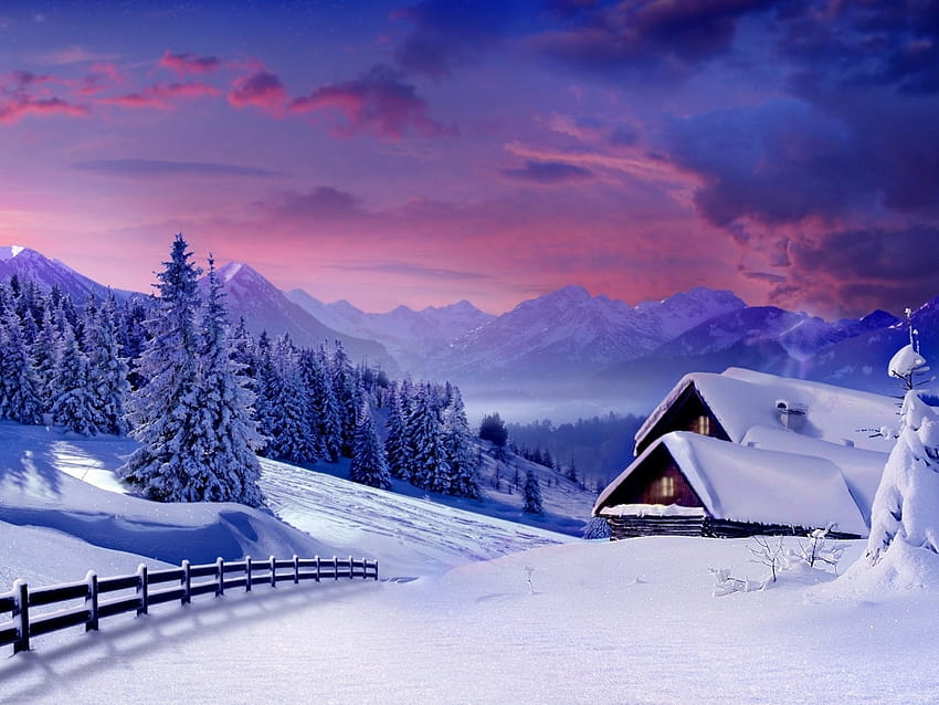 Зимен пейзаж Снежни планини Селски къщи, покрити със сняг Дървена ограда Гора с коледни елхи 3840x2400 : 13, коледни снежни планини HD тапет