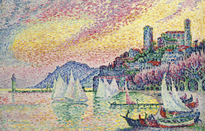 sea, landscape, boat, sail, Paul Signac, pointillism, The harbour. Cannes , section живопись HD wallpaper