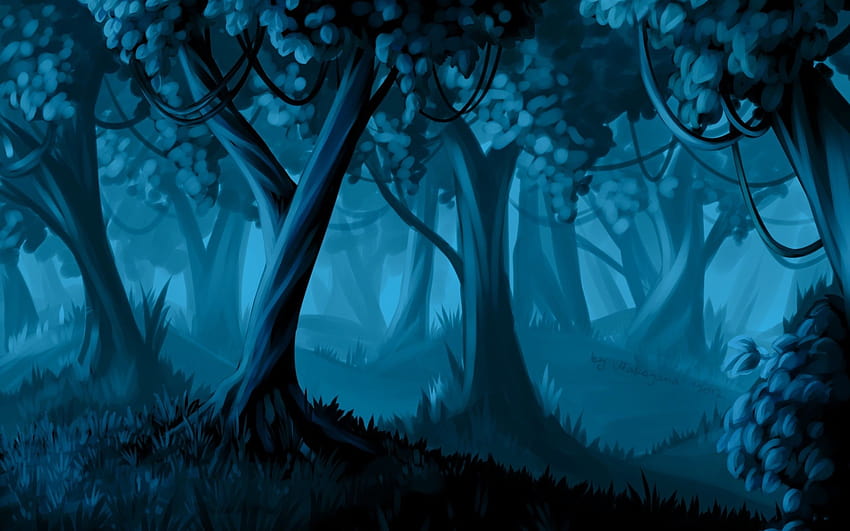 Blue forest in the night, anime forest at night HD wallpaper