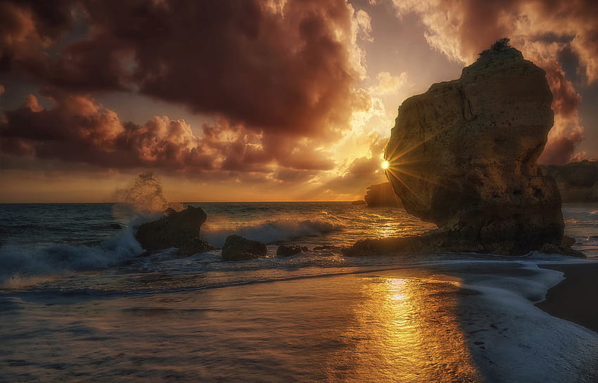 Portugal Sun Crag Nature Waves Sunrises and sunsets 2500x1600 HD wallpaper
