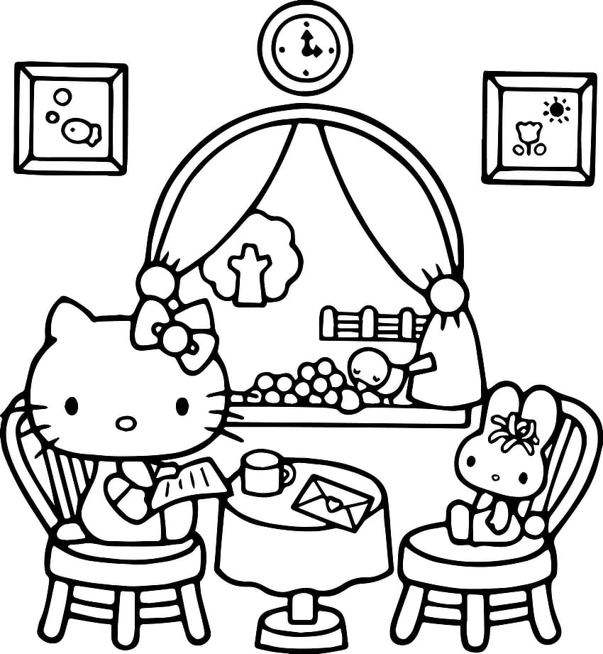 Ładny Hello Kitty w domu Zagraj w misia Coloring Page, kolorowanki Tapeta na telefon HD