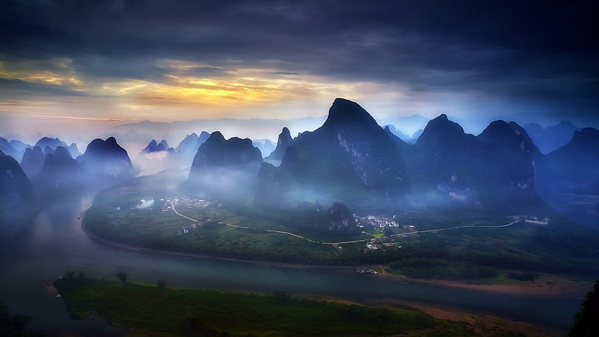 549764 nature landscape mountain river mist road sunrise sky town field blue guilin china Wallpaper HD