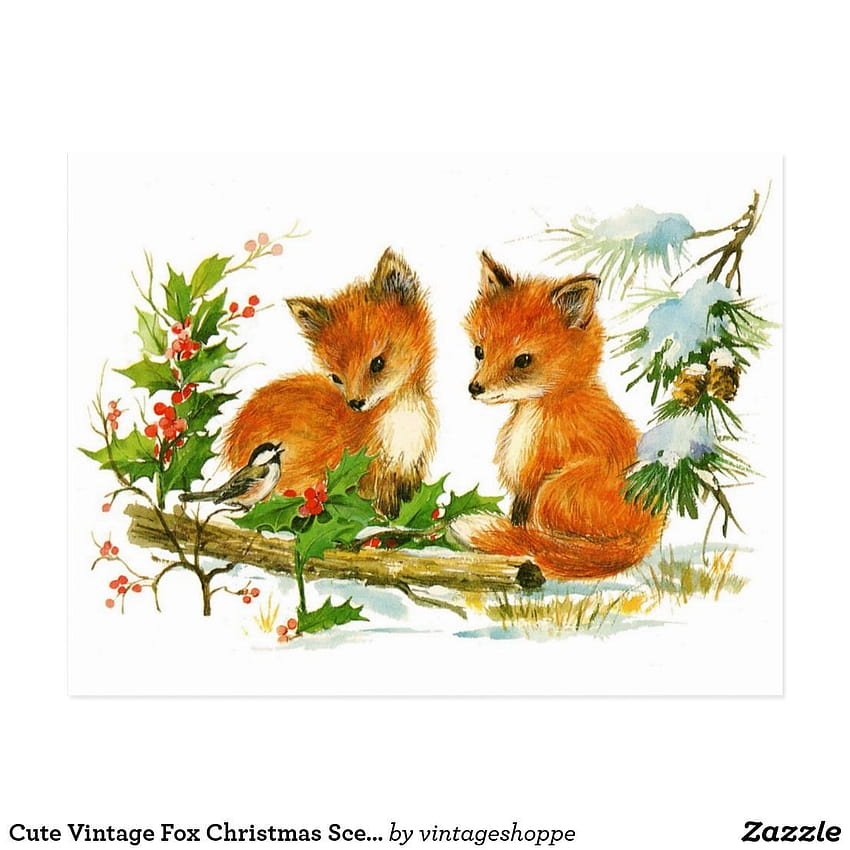 Cartão postal vintage fofinho de Natal com cena de Natal de raposa Papel de parede de celular HD