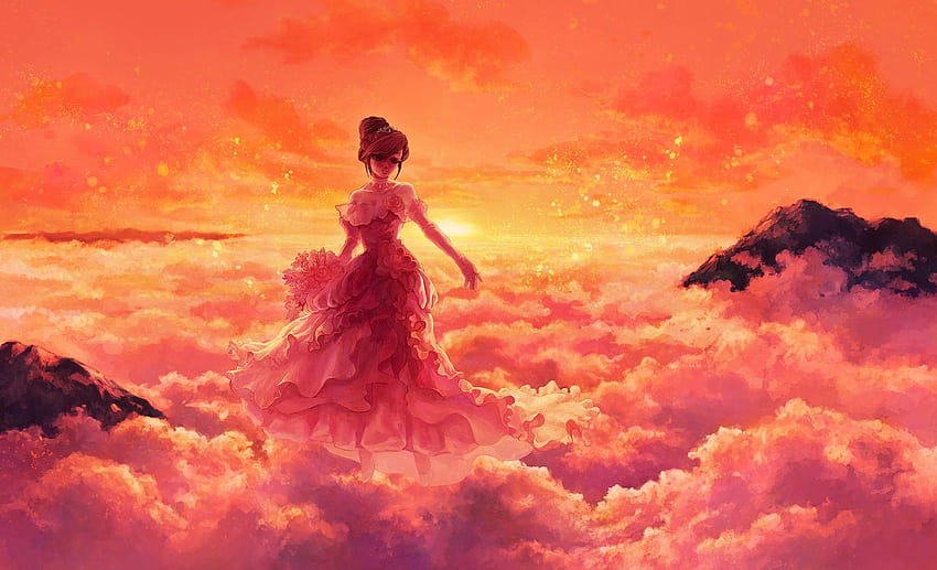 brown hair clouds dress flowers original scenic shtlmi sky sunset wedding dress, sunset clouds anime HD wallpaper