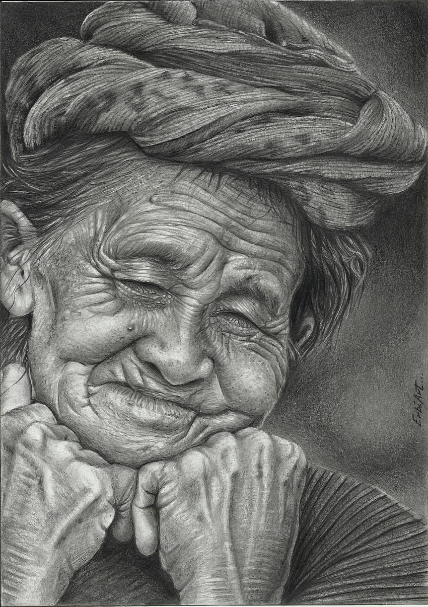 old woman drawing pencil