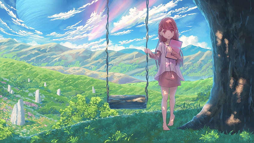barefoot clouds dress flowers grass planet red eyes red hair rin, anime shelter HD wallpaper