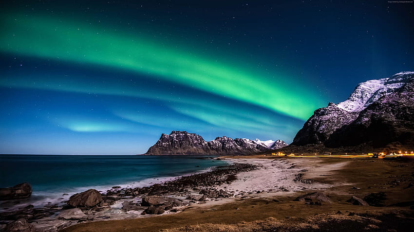 Norway, , Lofoten islands, Mountains, sea, shore, night, northern lights, stars, Nature, coastline mountain sea clouds HD wallpaper