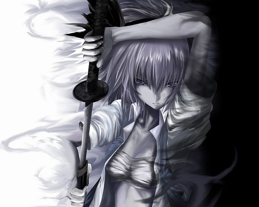 gray hair katana konpaku youmu monochrome sword touhou weapon, anime sword badass HD wallpaper