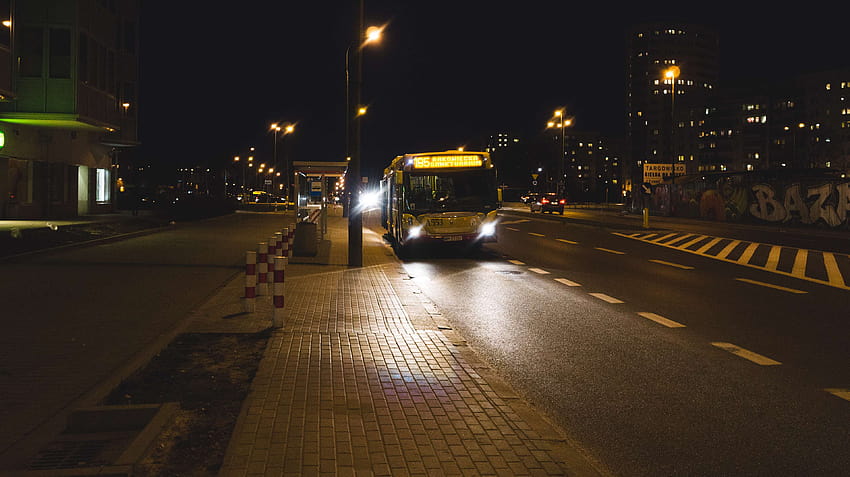 3034096 / black, bus, city, dark, lights, night, street, transport, urban, warsaw, yellow HD wallpaper