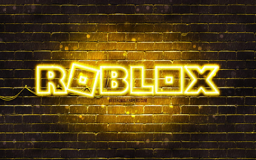 Roblox の黄色のロゴ、黄色のブリックウォール、Roblox のロゴ、オンライン ゲーム、Roblox のネオンのロゴ、解像度 3840x2400 の Roblox。 高品質、 高画質の壁紙