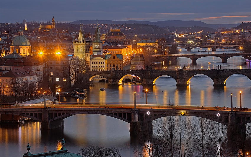 ヴルタヴァ、チェコ共和国、プラハ、夜、橋、川、旧市街の橋 高画質の壁紙