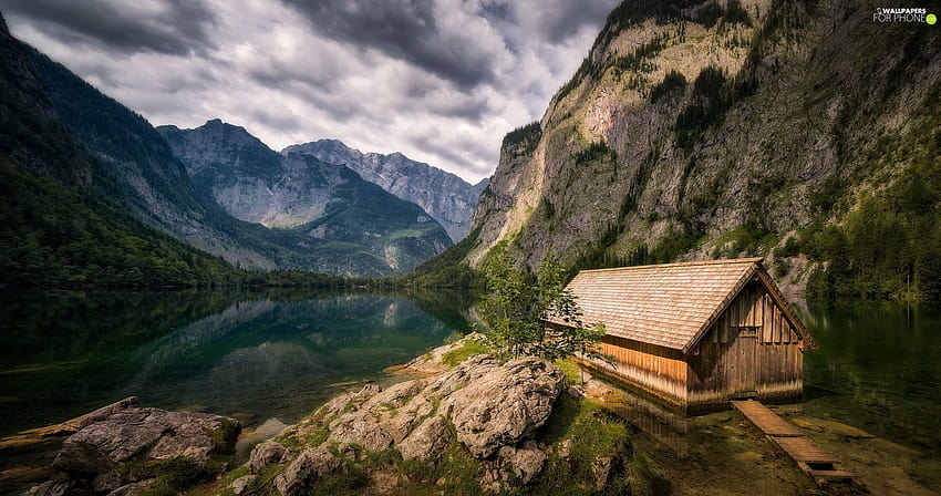 Pedras, Lago Obersee, Montanhas Alpes, madeira, Baviera, Alemanha, costa, Parque Nacional de Berchtesgaden, Casa, lago nos Alpes papel de parede HD