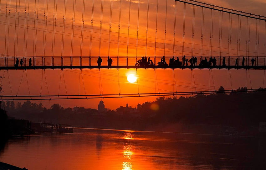 слънцето, залез, мост, река, Индия, Ганг, Ришикеш , раздел пейзажи HD тапет