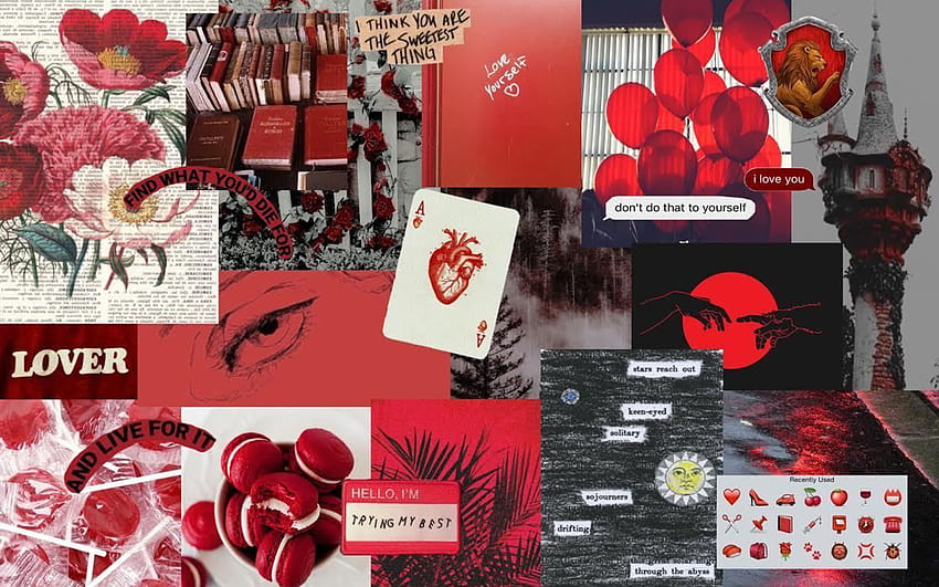 赤と黒の美的コンピューター、バレンタインデーの美的コラージュ コンピューター 高画質の壁紙