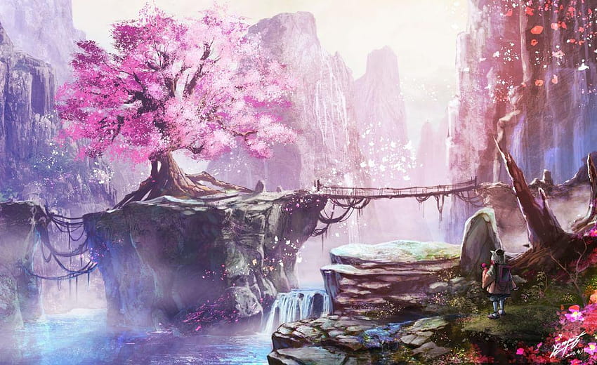 Anime Manzara Cherry Blossom Köprü Şelale Anime Kız, anime şelale HD duvar kağıdı