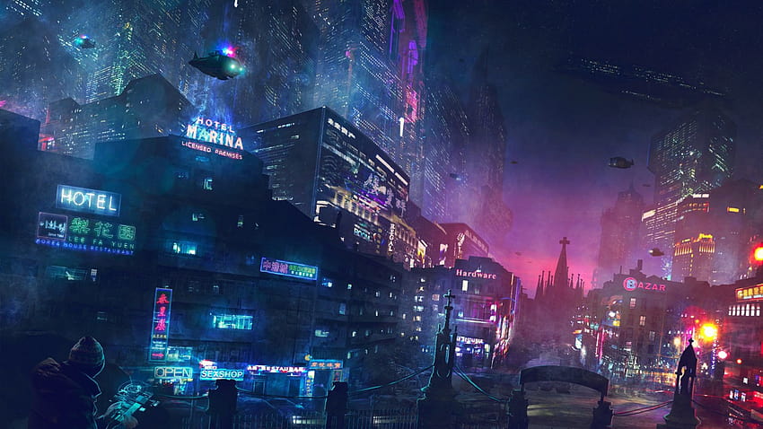 1366x768 Cyberpunk City, Futuristisch, Neonlichter, Gebäude, Flugzeuge für Laptop, Notebook HD-Hintergrundbild