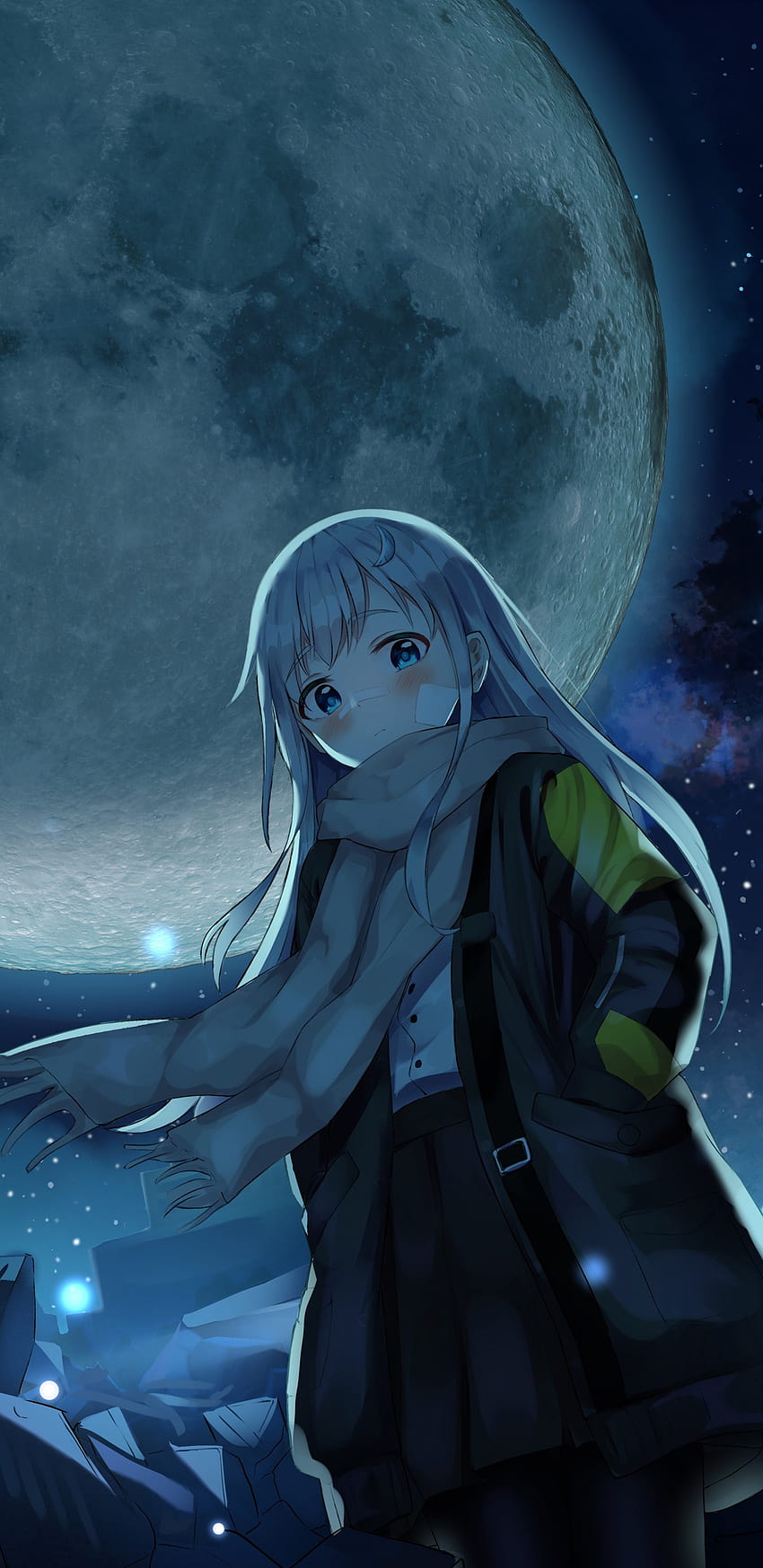 1440x2960 Anime Night, Giant Moon, Starry Sky, Anime Girl, Winter for Samsung Galaxy S9, Note 9, S8, S8+, Google Pixel 3 XL HD phone wallpaper