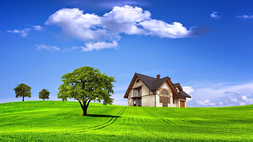 : House alone at beautifull green land, alone house HD wallpaper
