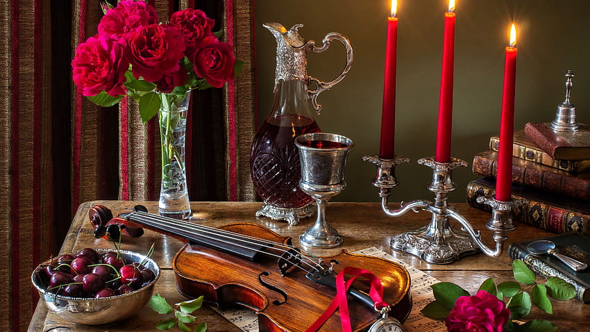 Stilleben, Violine, Kerzen, Rosen, Taschenuhr, Kirsche, Wein 5120x2880 U , Wein und Kerze HD-Hintergrundbild