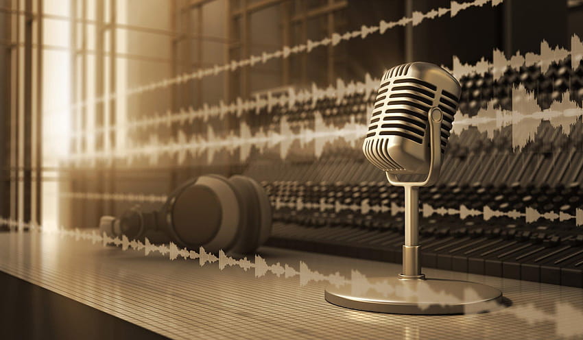 microfono artistico cuffie audio retrò argento registrazioni audio in studio, radio Sfondo HD