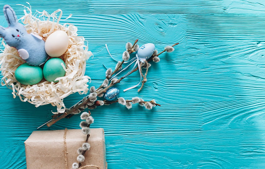 branches, gift, eggs, spring, Easter, wood, Verba, blue, gift, spring, Easter, eggs, decoration, Happy, tender , section праздники HD wallpaper