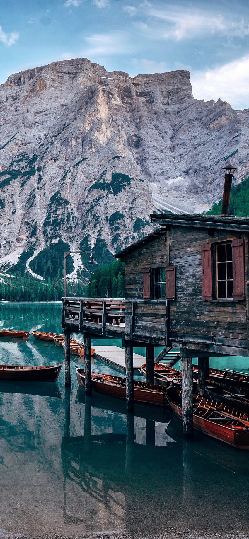 Lake Braies , Italy, Wooden House, Boats, Mountains, Glacier, Nature, iphone 12 italy HD phone wallpaper