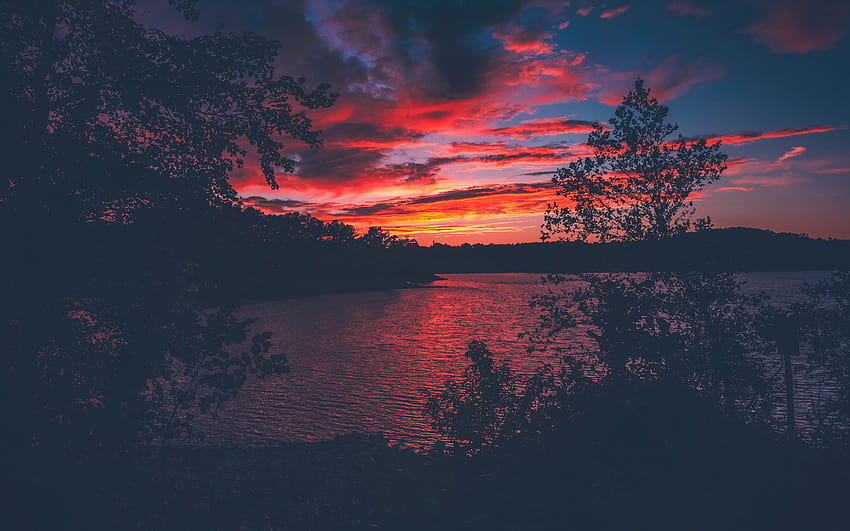 2560x1600 วิวทะเลสาบยามเย็นพระอาทิตย์ตกสีแดงจาก Forest Woods 2560x1600 วอลล์เปเปอร์ HD