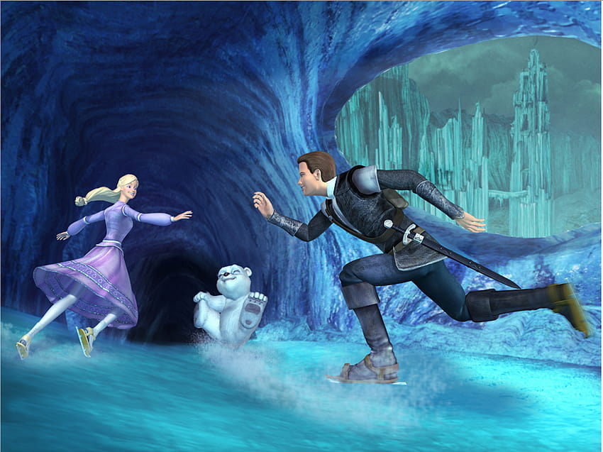Annika, Aidan y Shiver patinando sobre hielo hasta el castillo del palacio de hielo de Wenlock de Barbie y la magia de Pegaso fondo de pantalla