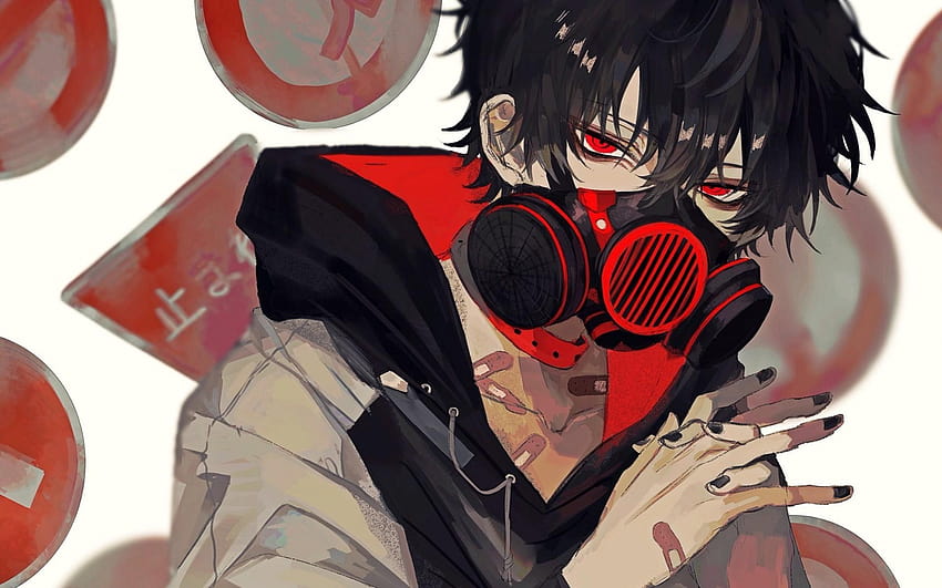 1920x1200 Anime Boy, Gas Mask, Red Eyes, Black Hair, anime hoodie HD ...
