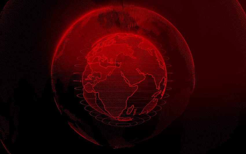 Czerwona cyfrowa kula ziemska, czerwone tło cyfrowe, sieci technologiczne, sieci globalne, sylwetka kuli ziemskiej z kropkami, technologia cyfrowa, czerwone tło technologiczne, mapa świata o rozdzielczości 3840x2400. Wysoka jakość Tapeta HD