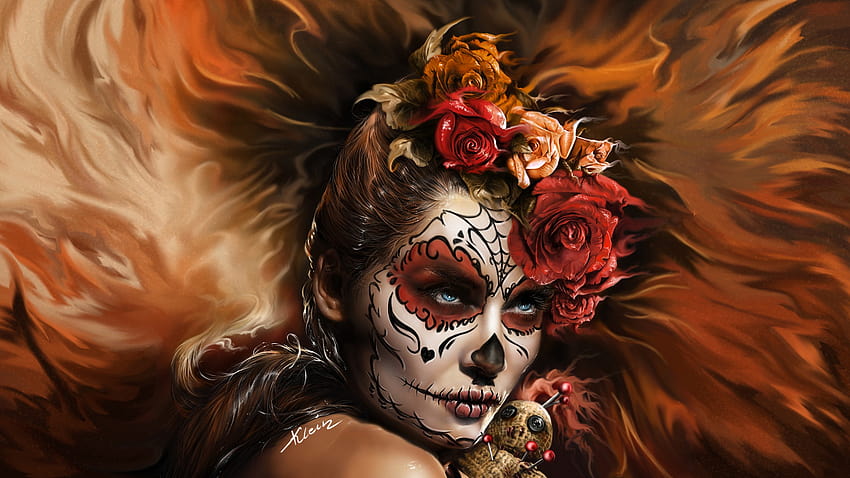 558509 1920x1080 Flower, Blue Eyes, Sugar Skull, Girl, Face, Woman, Rose JPG, skull and roses HD wallpaper