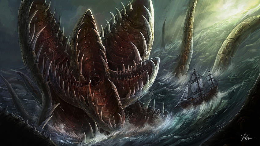 dark paintings art sea ocean nature evil horror, scary monsters HD wallpaper