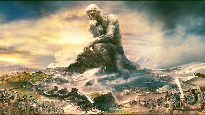 The Thinker above the eras of mankind, civilization HD wallpaper