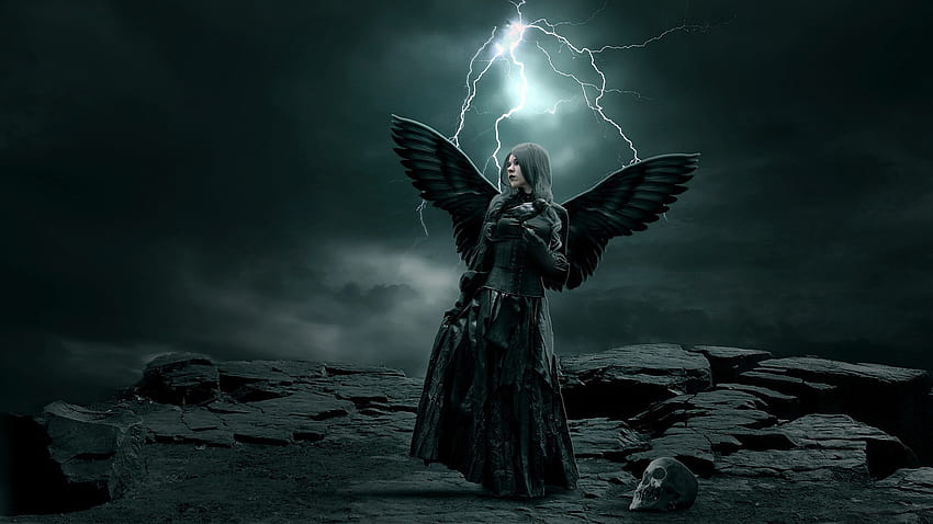 rocks, Stones, Girl, Wings, Angel, Skull, Sky, Clouds, Lightning, Storm, Dark, Gothic / and Mobile Backgrounds, rock goth HD wallpaper