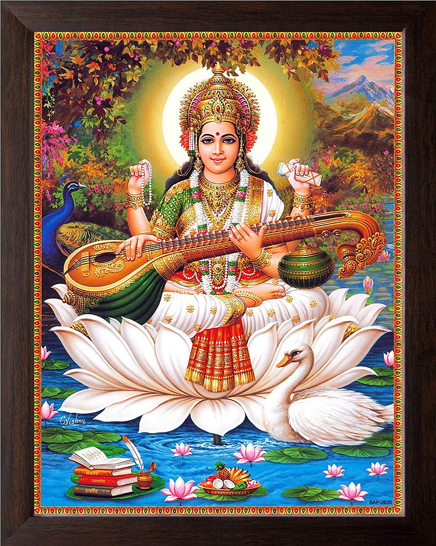Art n Store : déesse Saraswati avec cygne imprimé religieux et décoration peinture avec cadre brun avion, lord saraswati Fond d'écran de téléphone HD