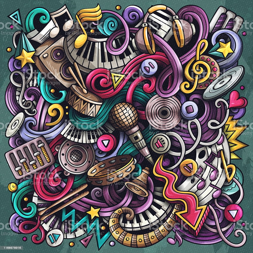 Музикални ръчно рисувани векторни драскулки Илюстрация Дизайн на музикален плакат Стокова илюстрация, музикален doodle HD тапет за телефон