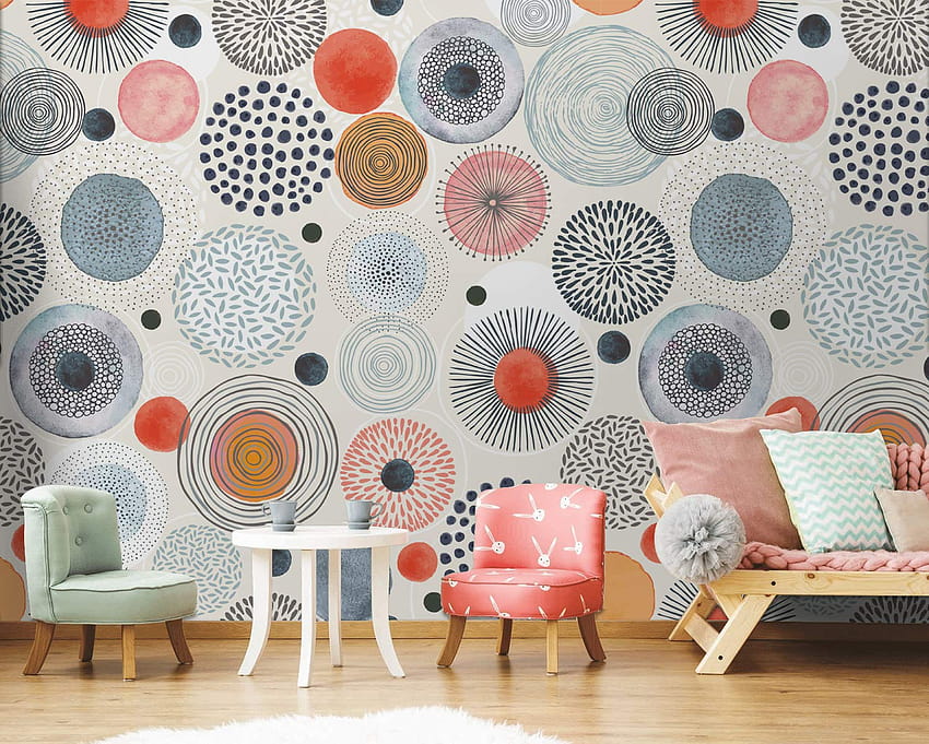 Murwall 추상 다채로운 원형 벽 벽화 회색 주황색 모양 벽 인쇄 기하학적 현대 벽화 거실 Childroom Youngroom: 수제 HD 월페이퍼