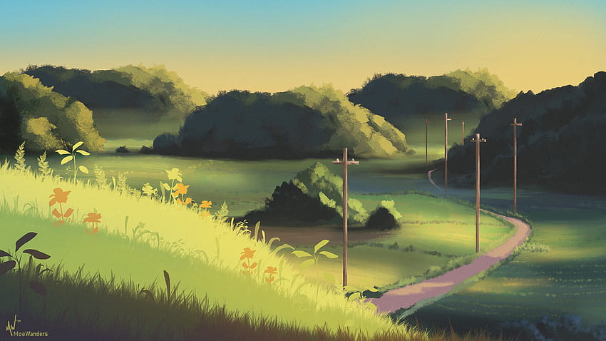 Mała wiejska droga tkająca się między trawiastymi wzgórzami, kraj anime Tapeta HD