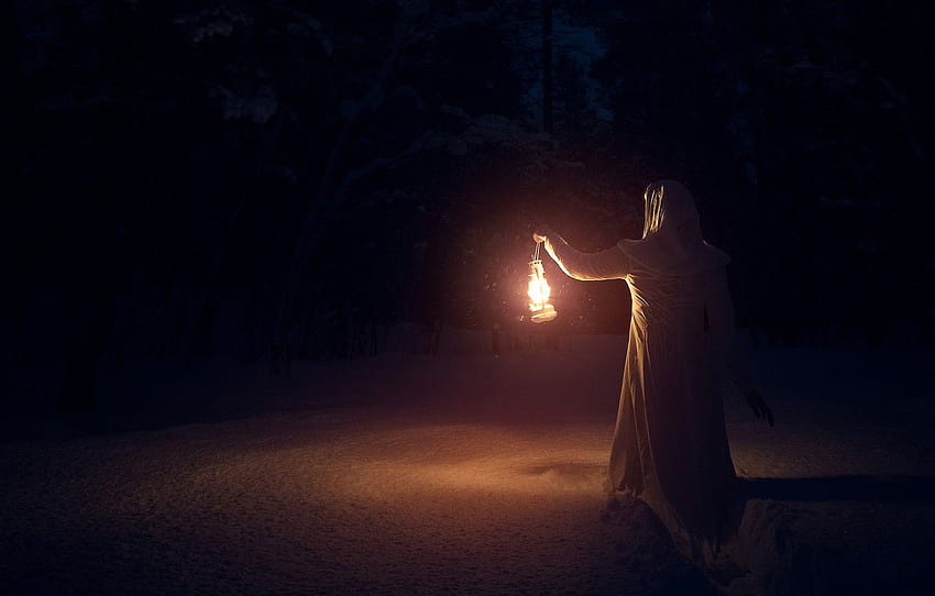 winter, forest, girl, snow, night, darkness, lantern, girl with lantern HD wallpaper