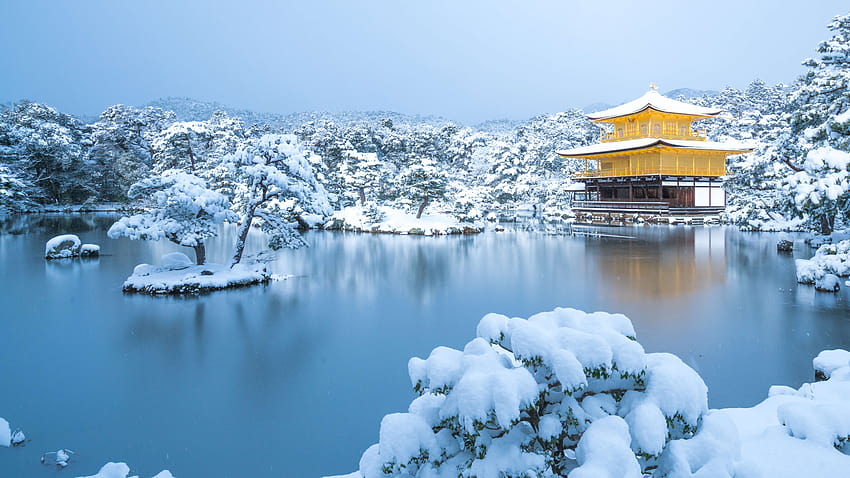 Japan Kyoto Kinkaku Ji Winter Nature Lake Snow HD wallpaper
