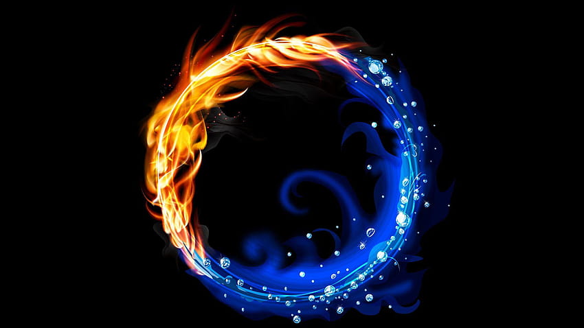 Abstract Black Backgrounds Circles Fire Graphics Vector Art Water, fire vs water HD wallpaper