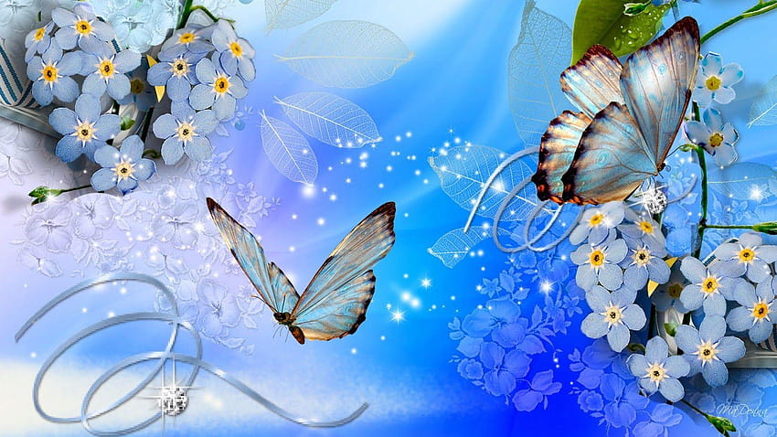 Blue butterflies blue flowers, 3d full screen flowers HD wallpaper