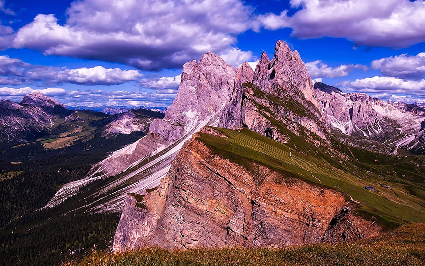 Val Gardena Dolomites 이탈리아 풍경 록키 산맥 봉우리 녹색, furchetta 피크 HD 월페이퍼