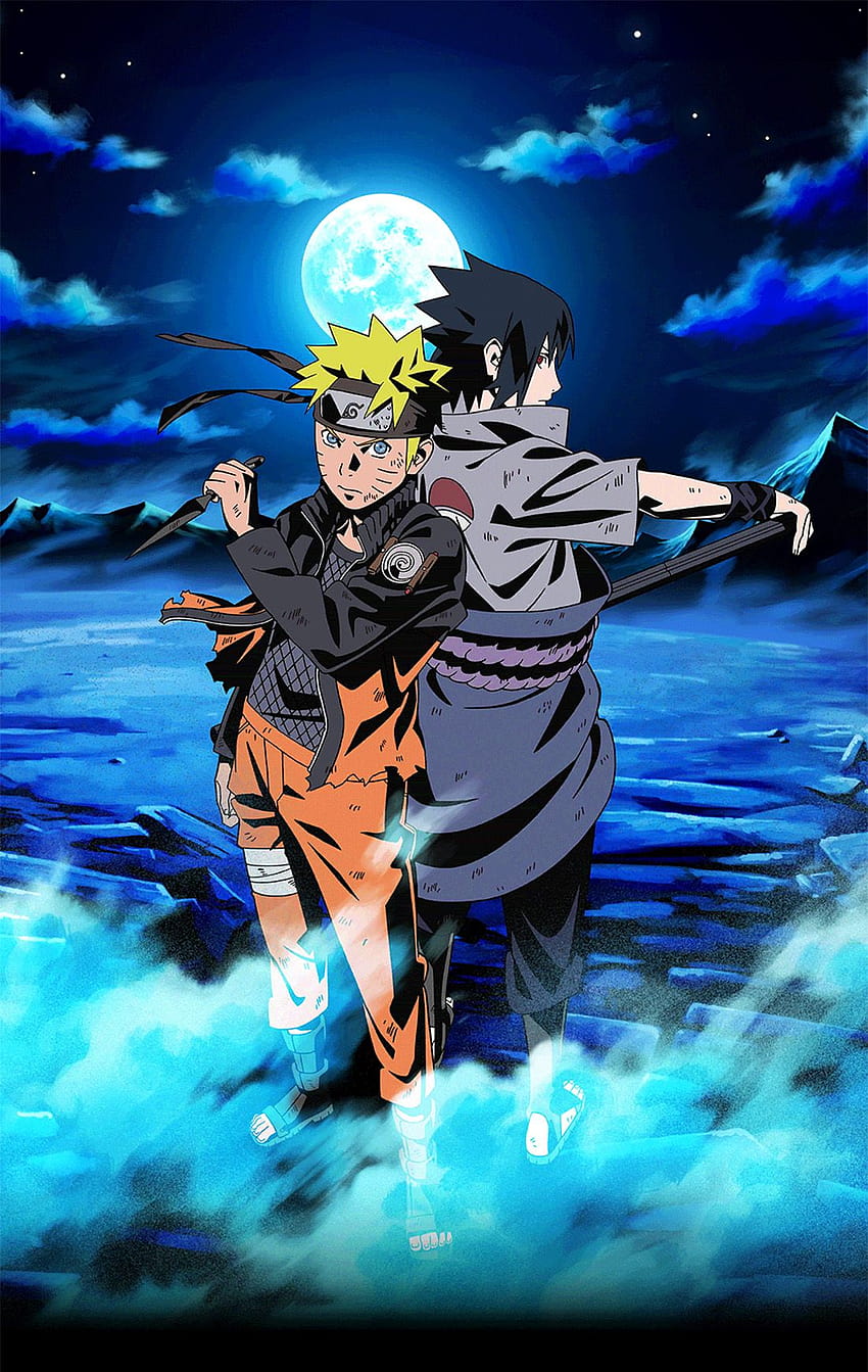 Naruto y Sasuke bajo el cielo iluminado por la luna, fanchise de naruto fondo de pantalla del teléfono