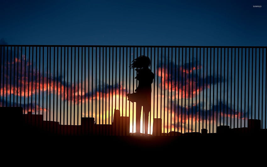 Chica viendo la puesta de sol desde una azotea, anime de puesta de sol en la azotea fondo de pantalla