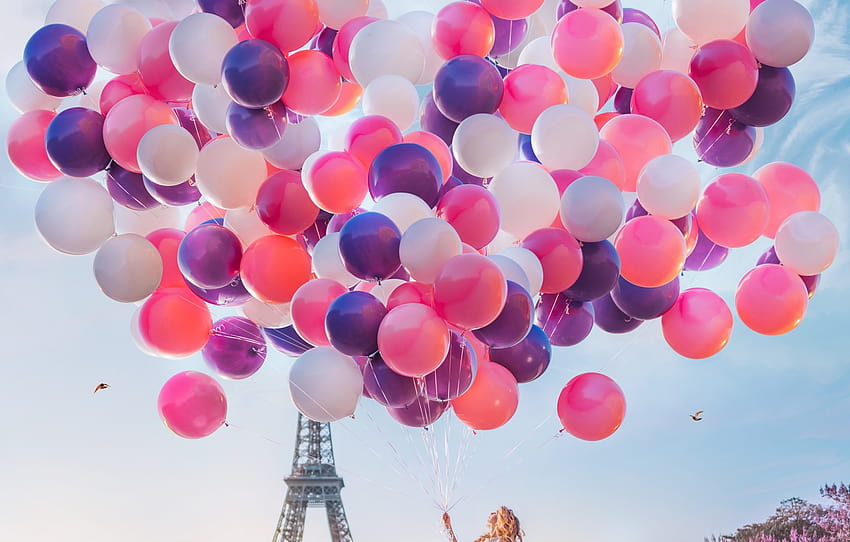 girl, balls, balloons, mood, France, Paris, dress, Eiffel tower, a lot, the parapet, Kristina Makeeva , section настроения, paris girl HD wallpaper