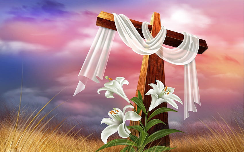 Easter Cross, easter flowers and bible HD wallpaper