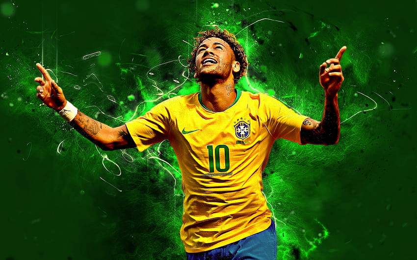 Neymar, bramka, neony, gwiazdy piłki nożnej, reprezentacja Brazylii, fan art, Coutinho, Neymar JR, piłka nożna, radość, kreatywność, brazylijska drużyna piłkarska z rozdzielczością 2880x1800. Wysoka jakość, grafika Neymara Tapeta HD
